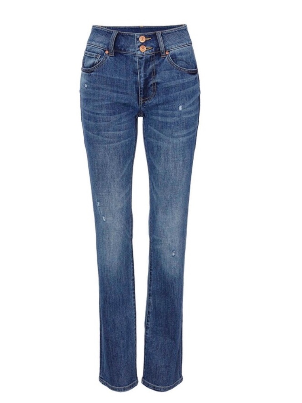 CAbi Cinch Straight Women's Straight Jeans Medium Blue with Subtle Distressing